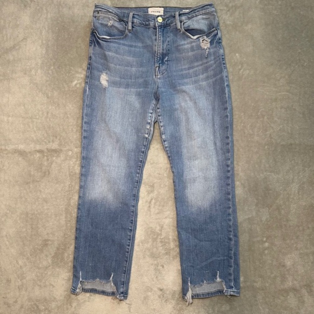 FRAME Le High Straight Jeans Sz 31 29W26L Blue Distressed Raw Hem Cropped Denim